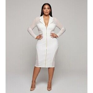 Curvy Sense Blazer Bodycon Dress Womens 2XL Ivory Sheer Mesh Cutout Zip Sexy